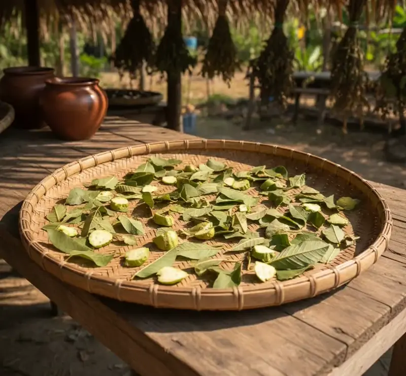 Lá ổi phơi khô trên nong